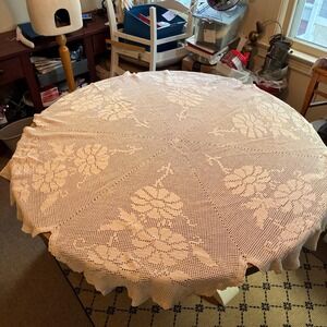 Estate Vintage Tablecloth Round 66" Handmade Crocheted Ecru Beige Cotton